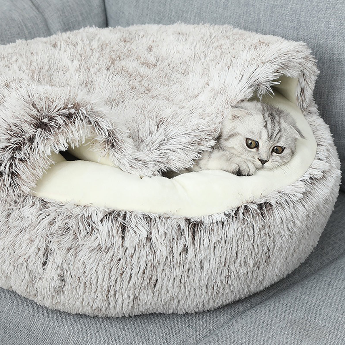 Hooded Plush Donut Cat Bed