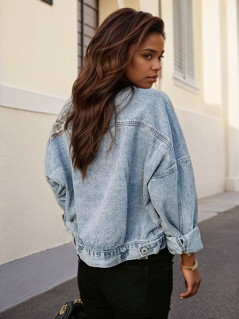 Leopard Patch Distressed Denim Jacket