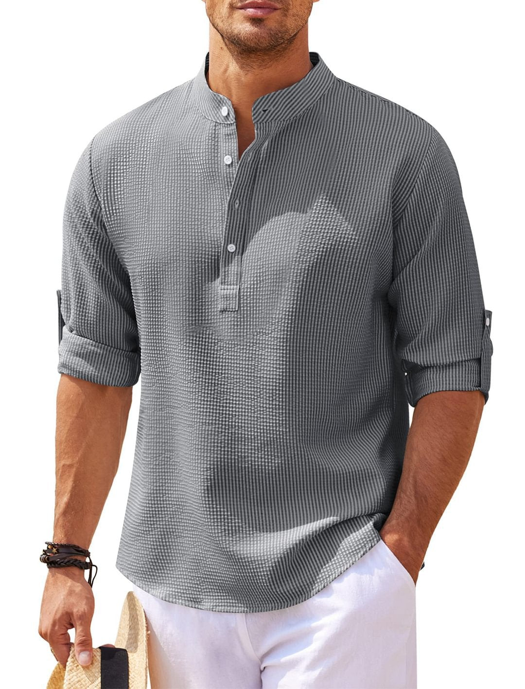 Men's Band-Collar Casual Shirt