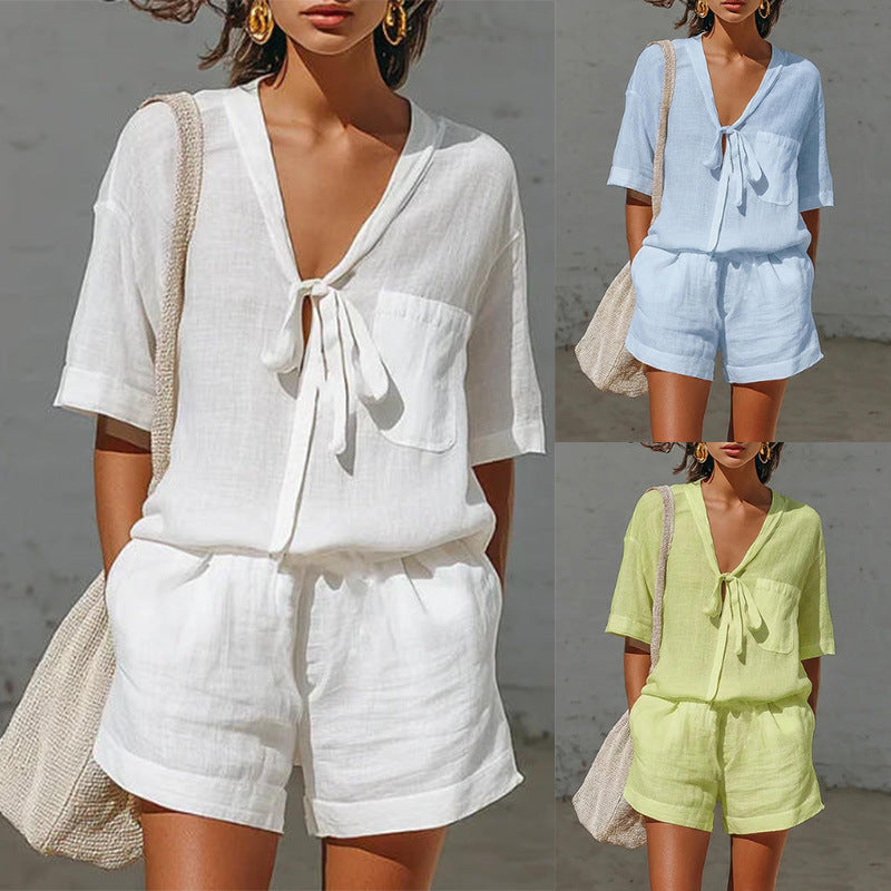 Women's Tie-Front Shirt & Shorts Set