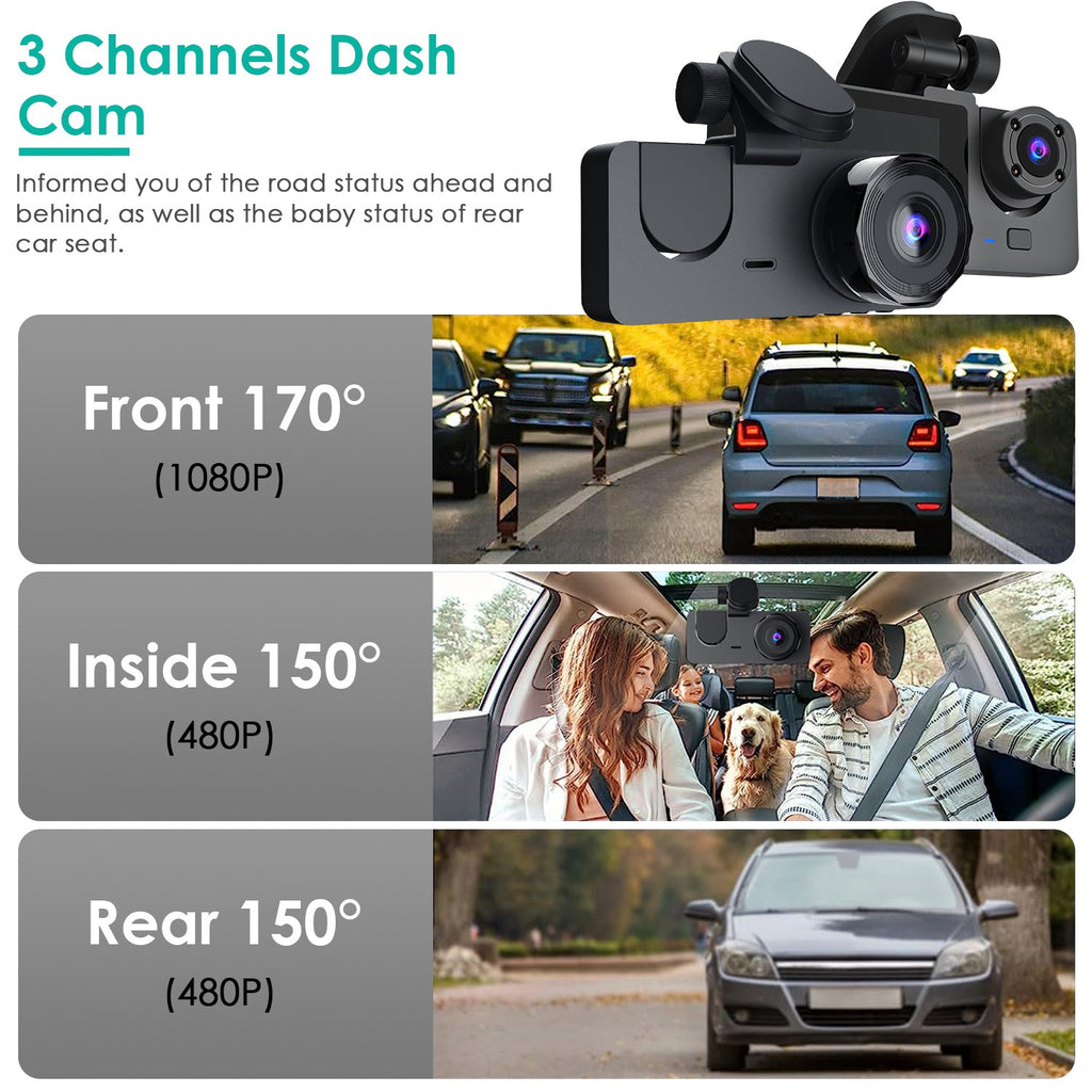 3-Channel Dash Cam with 32GB Card