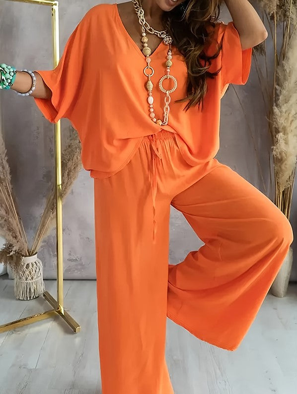 V-Neck Top & Wide-Leg Pants Lounge Set