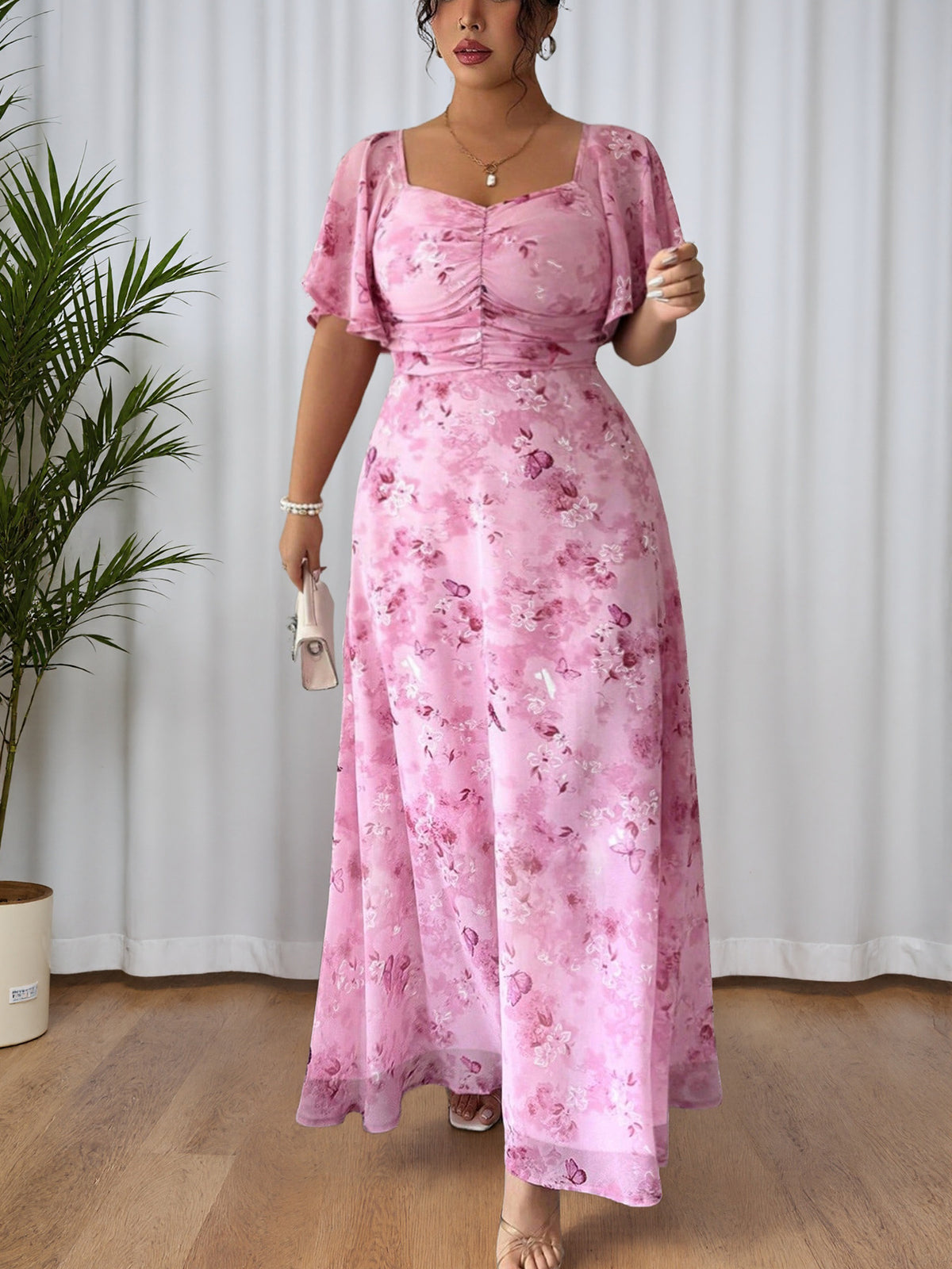 Women's Floral Flutter-Sleeve Dress