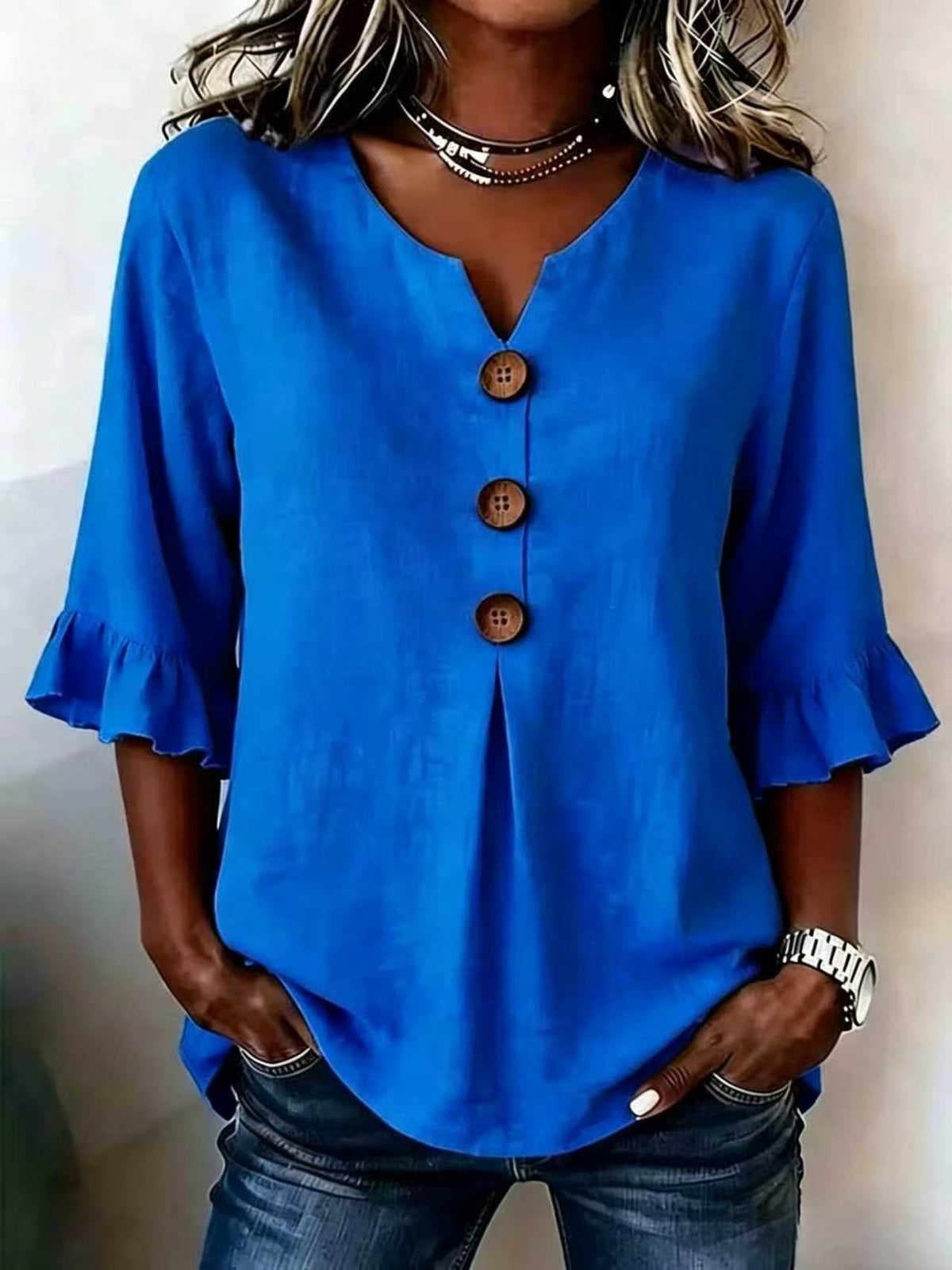 Ruffle-Sleeve Button Blouse