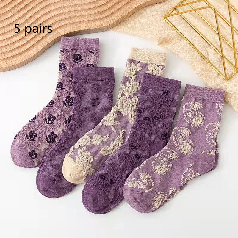 Embossed Flower Crew Socks