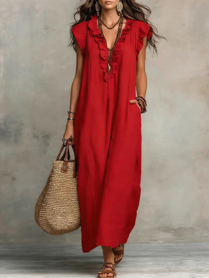 Women's Ruffle A-Line Dress with Pockets
