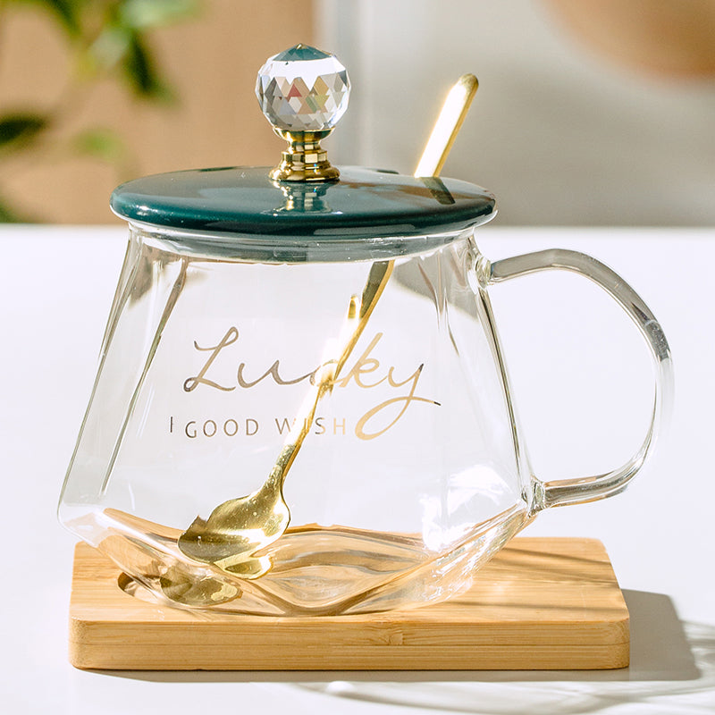 Floral Glass Tea Cup with Lid & Spoon
