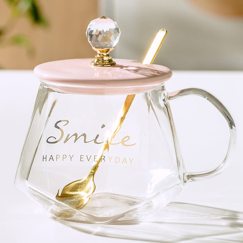 Floral Glass Tea Cup with Lid & Spoon