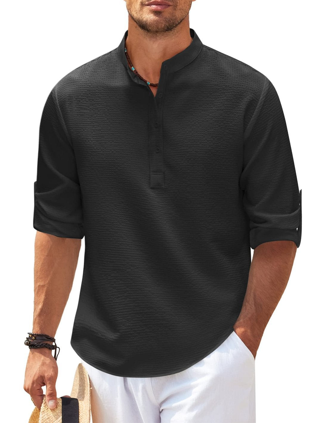 Men's Band-Collar Casual Shirt