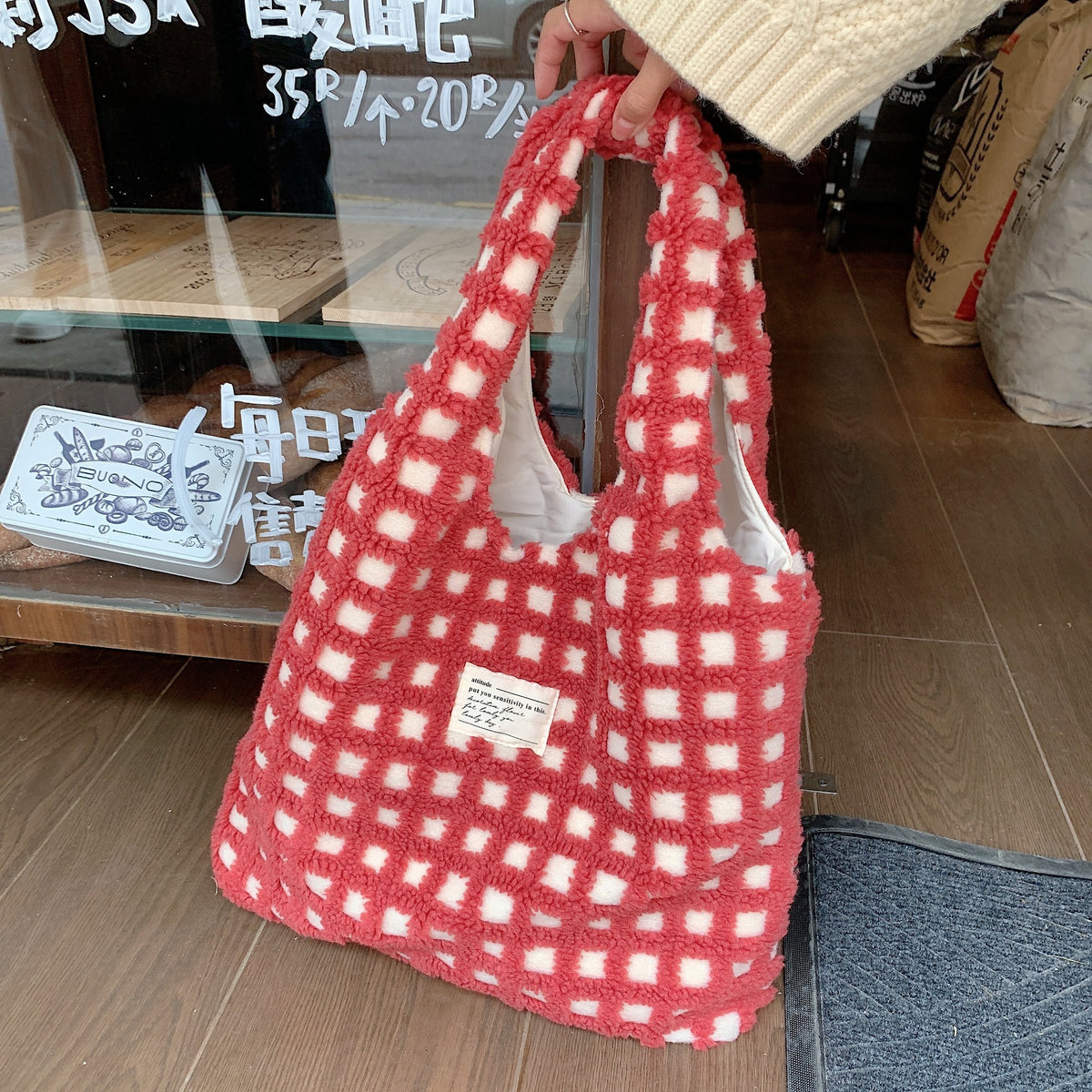 Plaid Plush Tote Bag