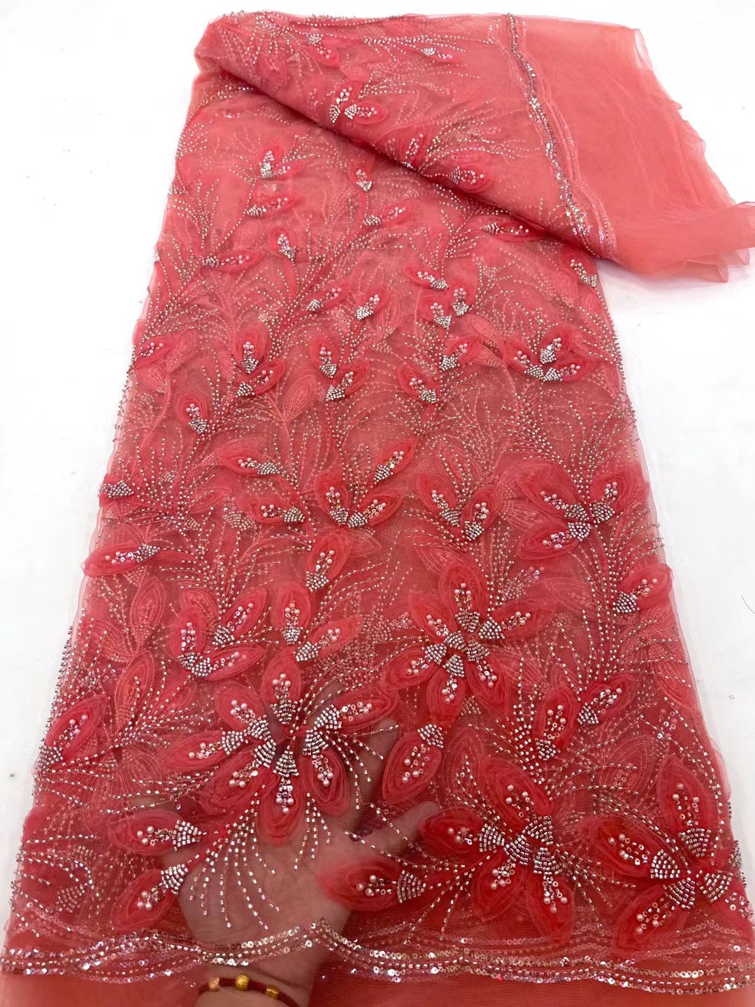 Floral Beaded Tulle Lace Fabric (5 Yards)