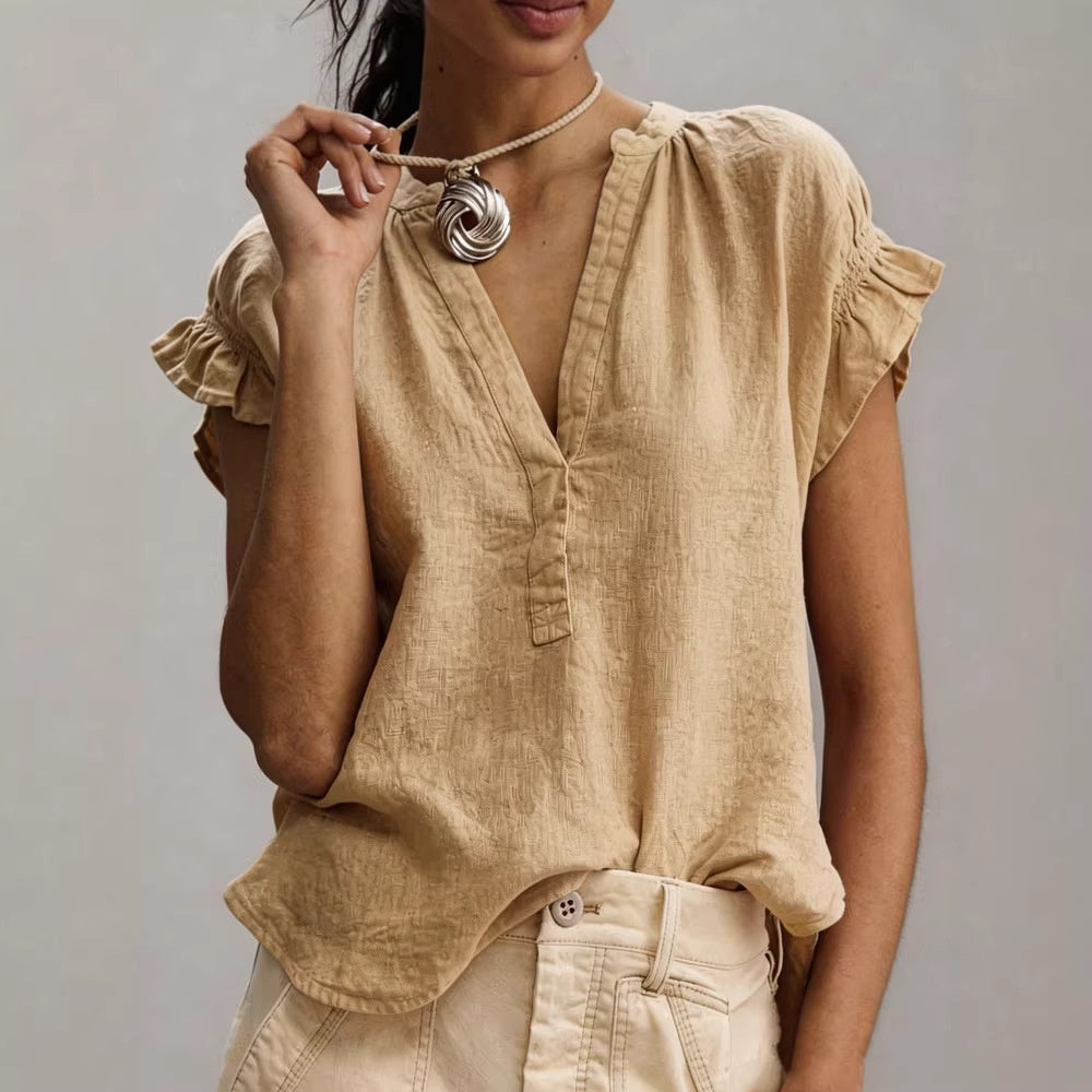 Women's Cotton-Linen Ruffle Blouse