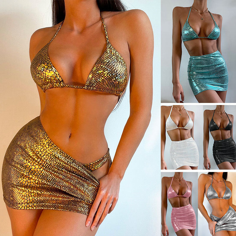 3-Piece Snake Print Bikini with Skirt