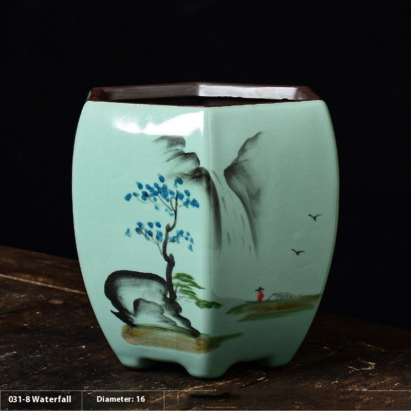 Hand-Painted Celadon Hexagon Planter