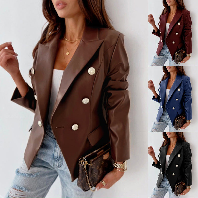 Women's Faux Leather Double-Breasted Blazer