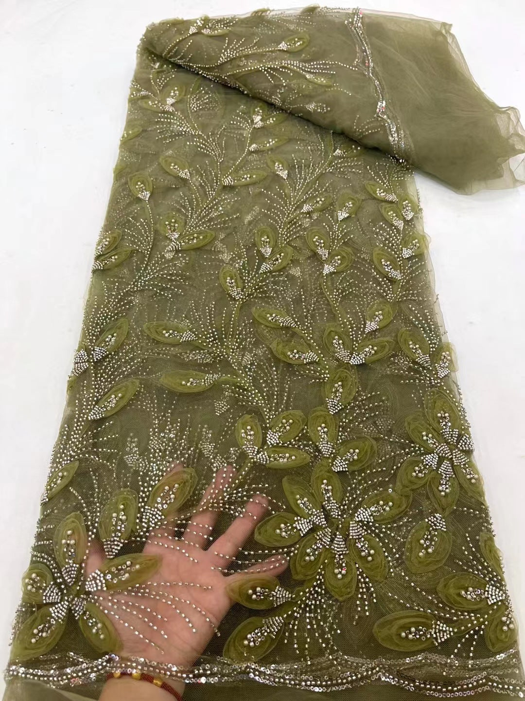 Floral Beaded Tulle Lace Fabric (5 Yards)