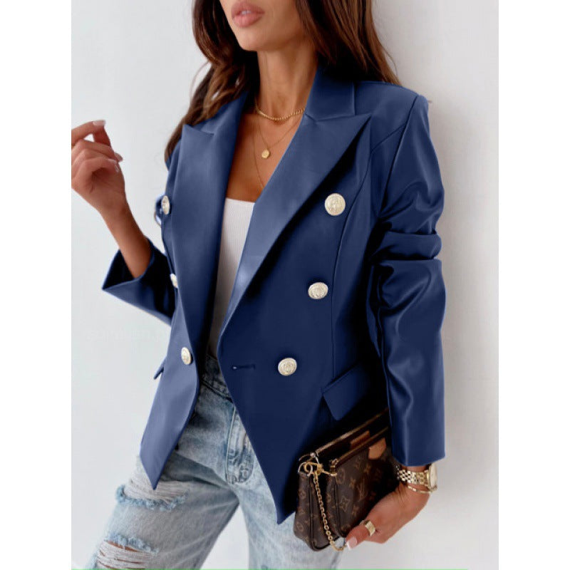 Women's Faux Leather Double-Breasted Blazer