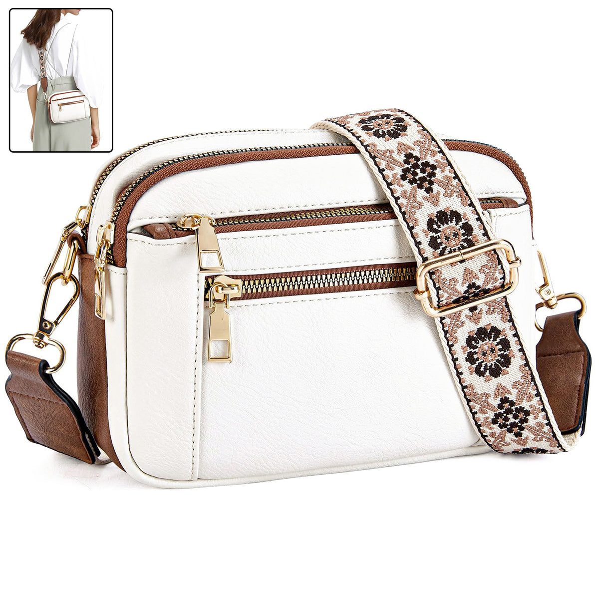 Triple-Zip Crossbody Bag with Embroidered Strap