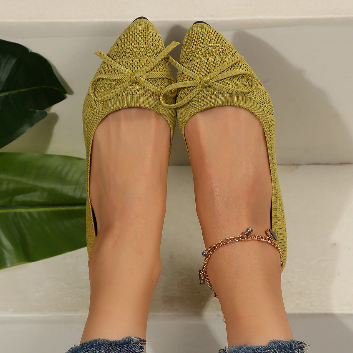 Bow Knit Pointed-Toe Flats