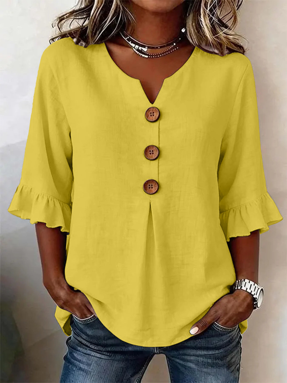 Ruffle-Sleeve Button Blouse