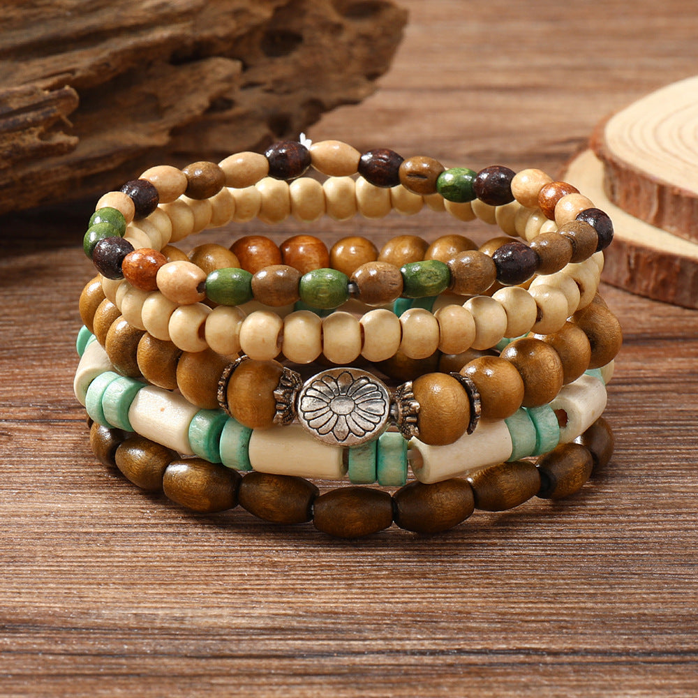 Wooden Bead Flower Bracelets (5 pcs)