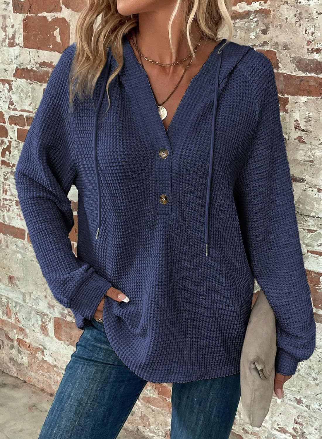 Waffle-Knit Hooded Sweatshirt