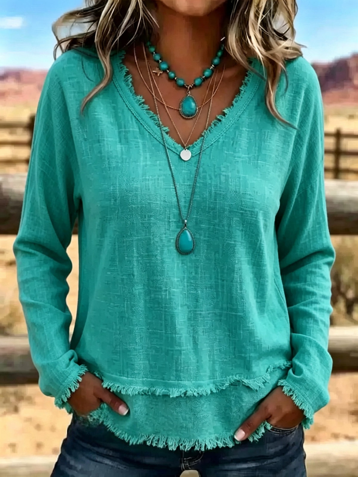Women's Tassel V-Neck Long-Sleeve Top