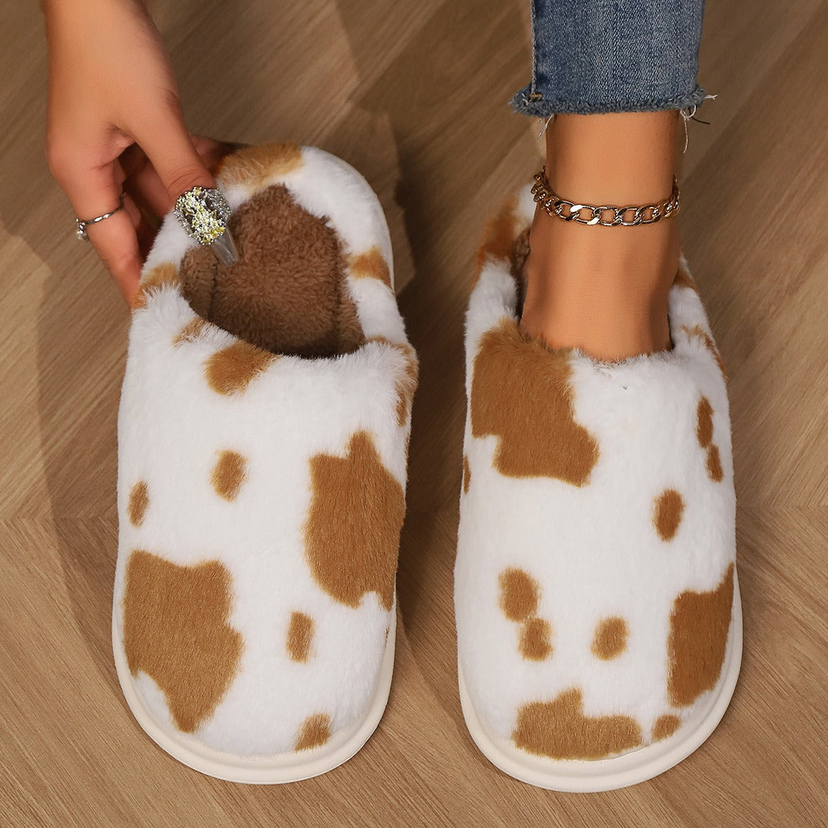Cow Print Plush Slippers