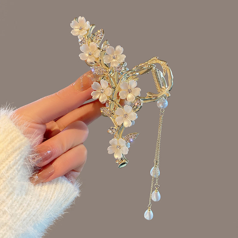 Pearl & Rhinestone Tassel Hair Claw Clip