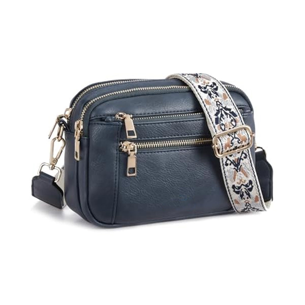 Triple-Zip Crossbody Bag with Embroidered Strap