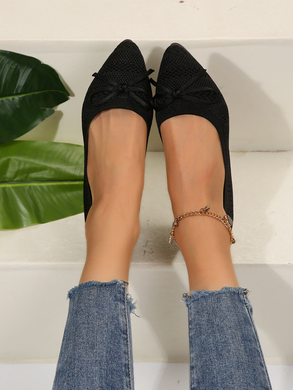 Bow Knit Pointed-Toe Flats