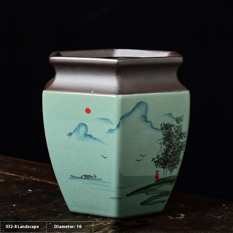 Hand-Painted Celadon Hexagon Planter