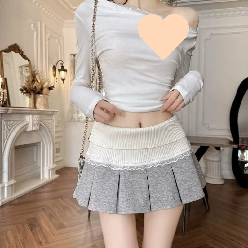 Lace-Trim Pleated Mini Skirt