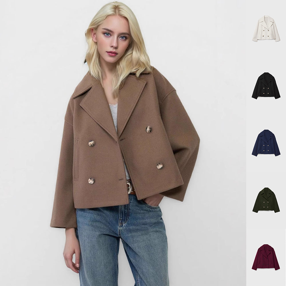 Double-Breasted Short Wool-Blend Coat