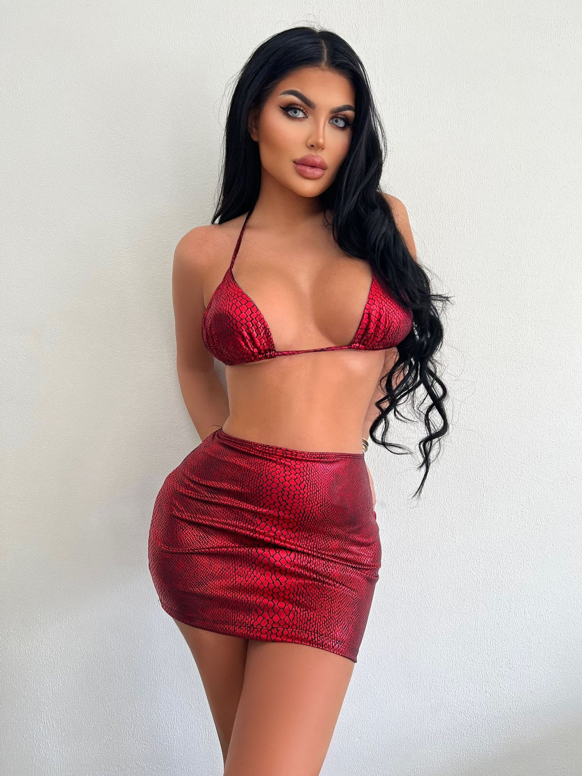 3-Piece Snake Print Bikini with Skirt