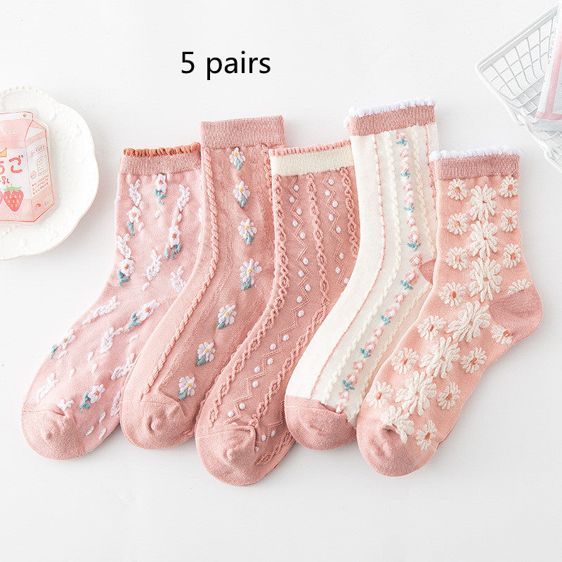 Embossed Flower Crew Socks