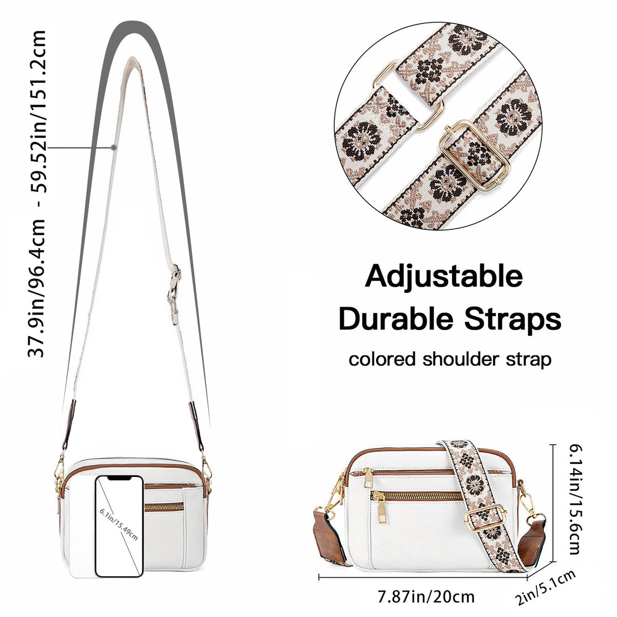 Triple-Zip Crossbody Bag with Embroidered Strap