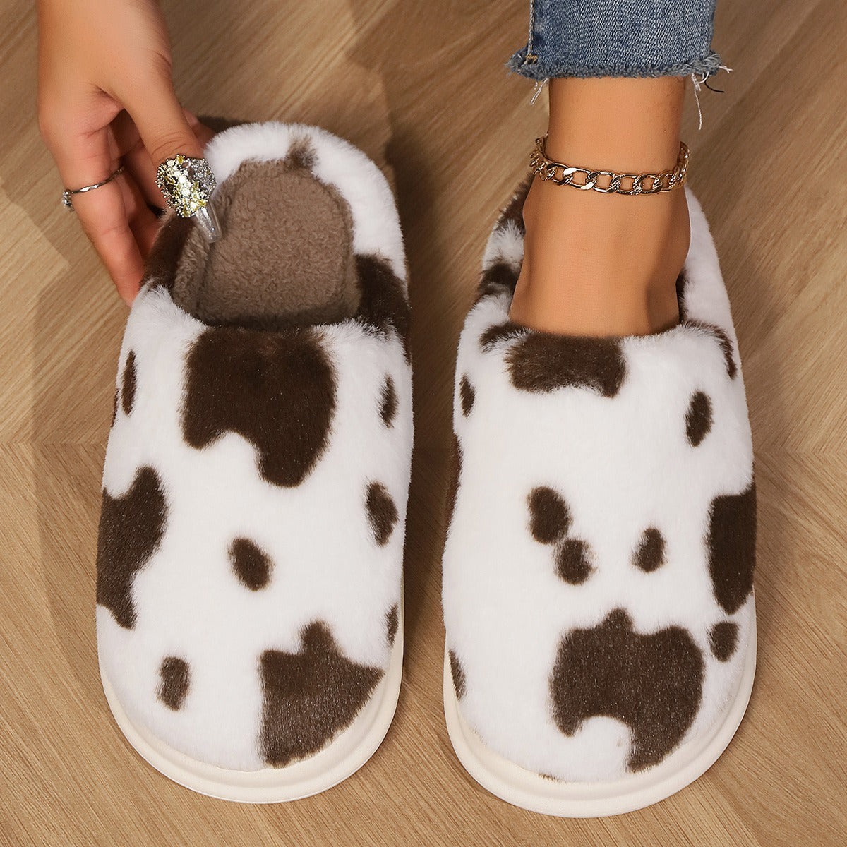 Cow Print Plush Slippers