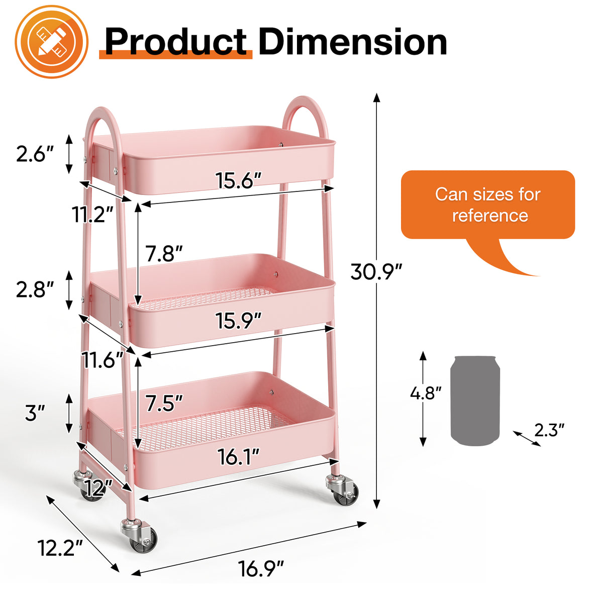3-Tier Slim Rolling Cart