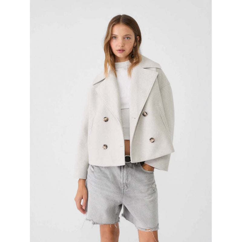 Double-Breasted Short Wool-Blend Coat