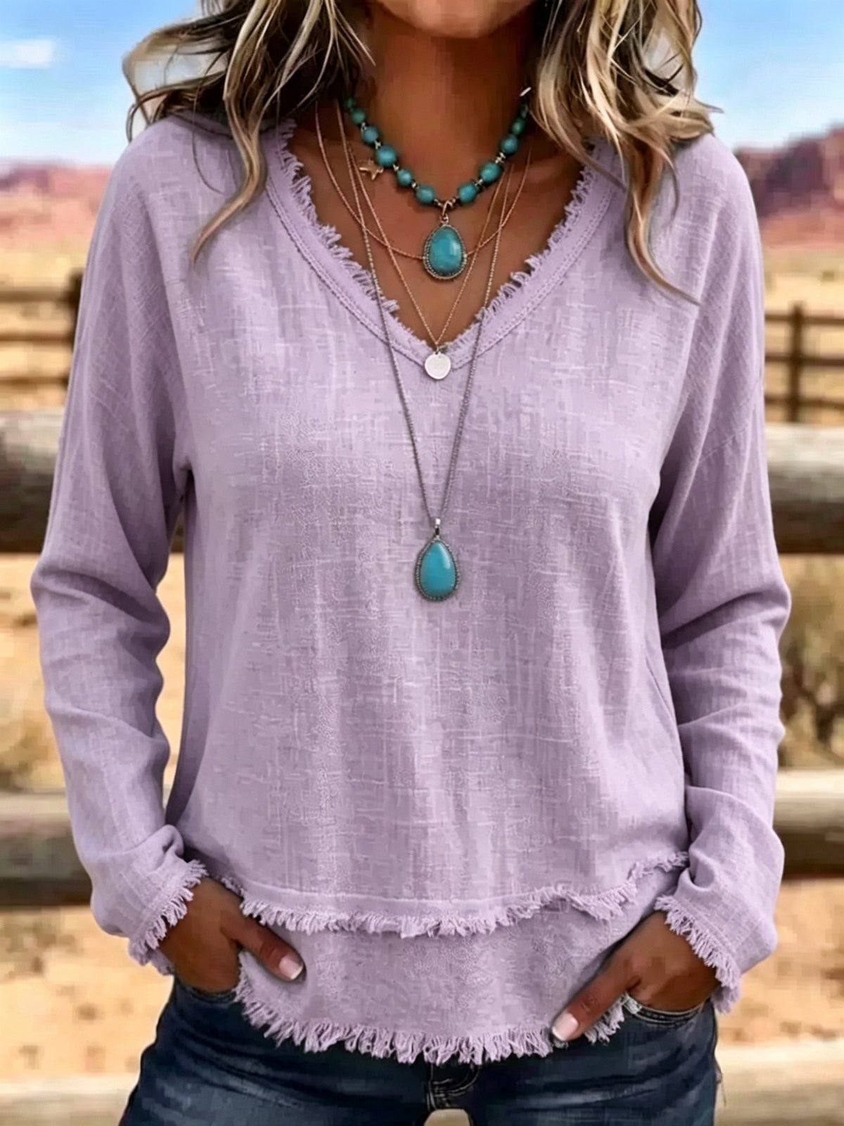 Women's Tassel V-Neck Long-Sleeve Top