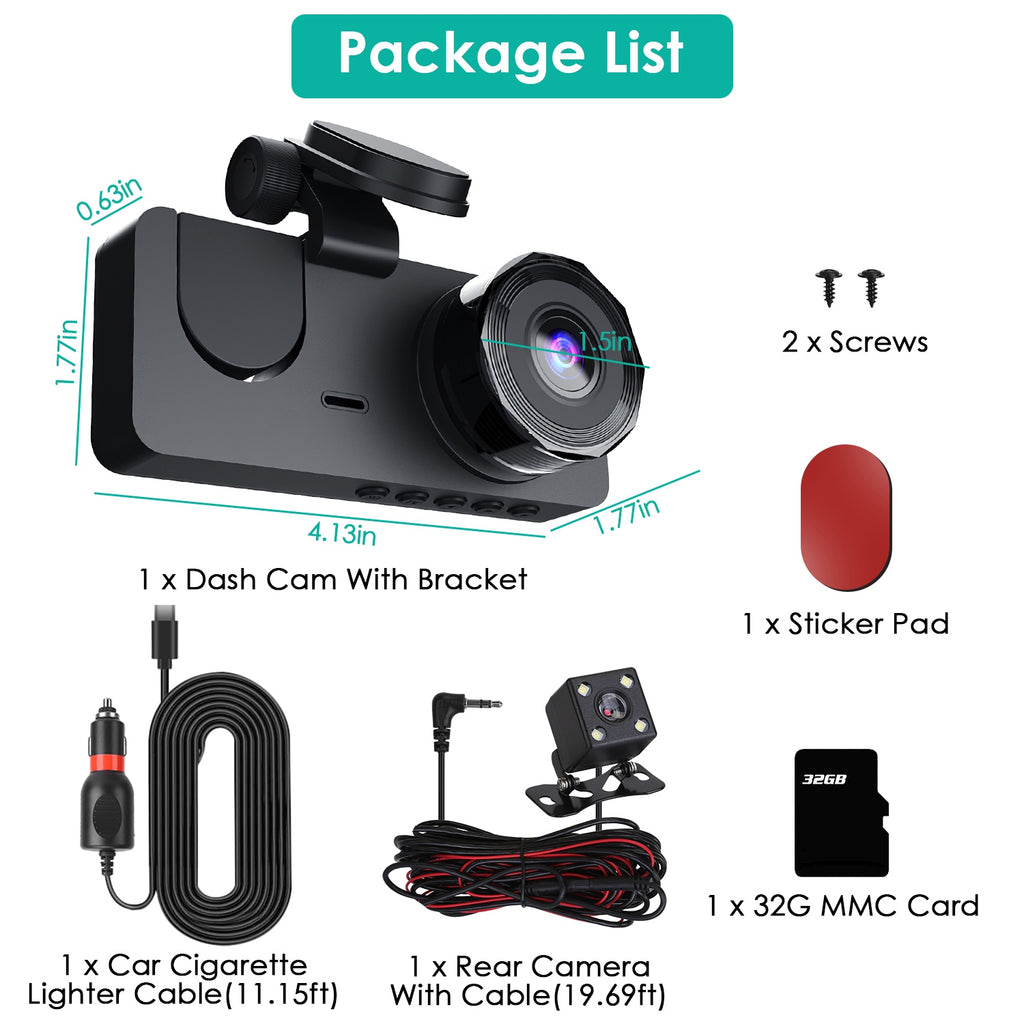 3-Channel Dash Cam with 32GB Card