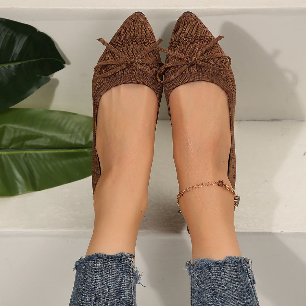 Bow Knit Pointed-Toe Flats