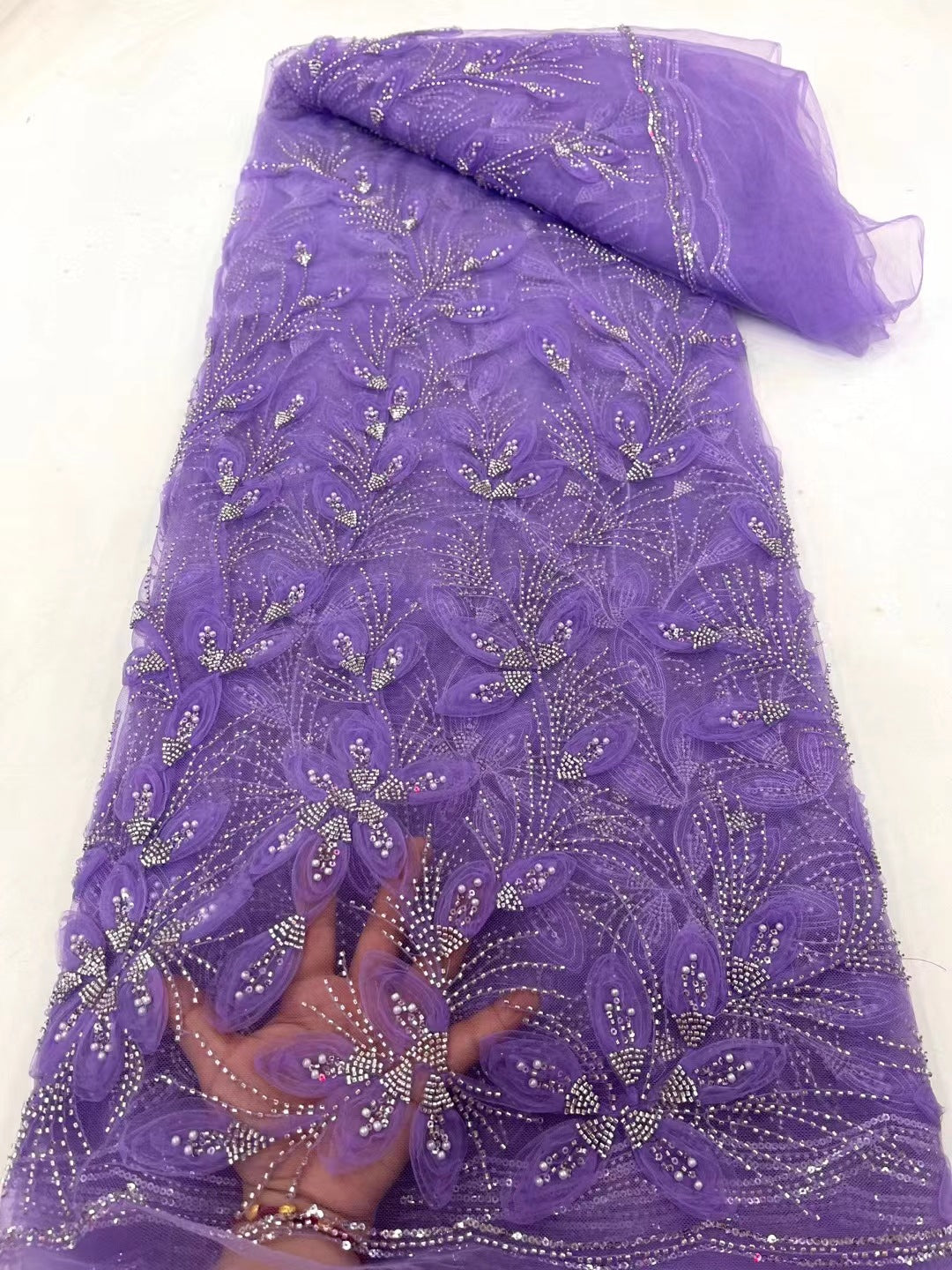 Floral Beaded Tulle Lace Fabric (5 Yards)