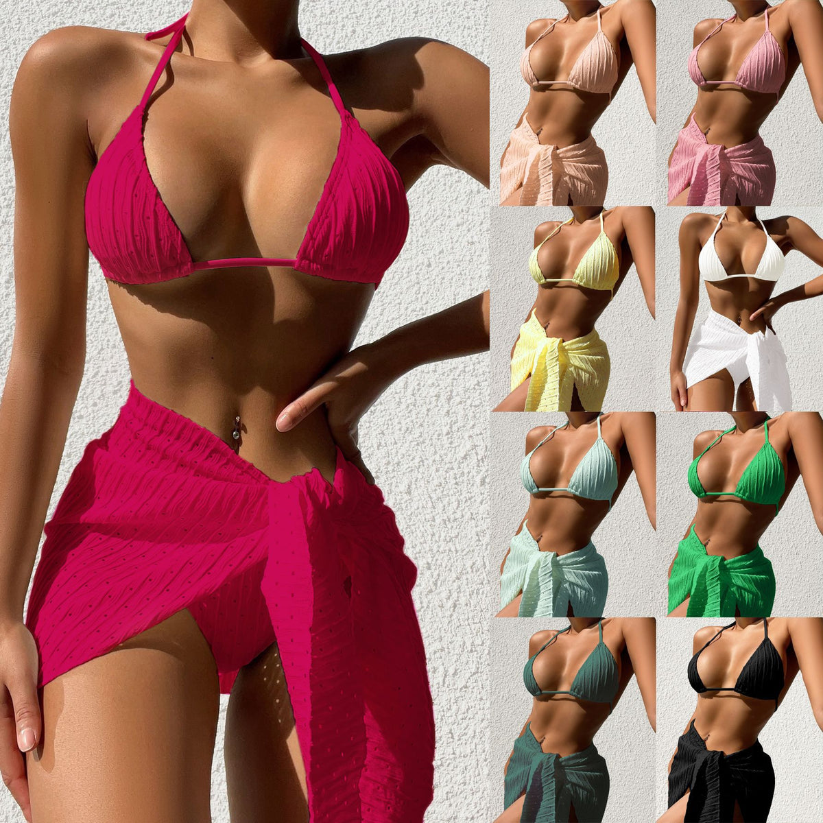 3-Piece Halter Bikini with Mesh Skirt