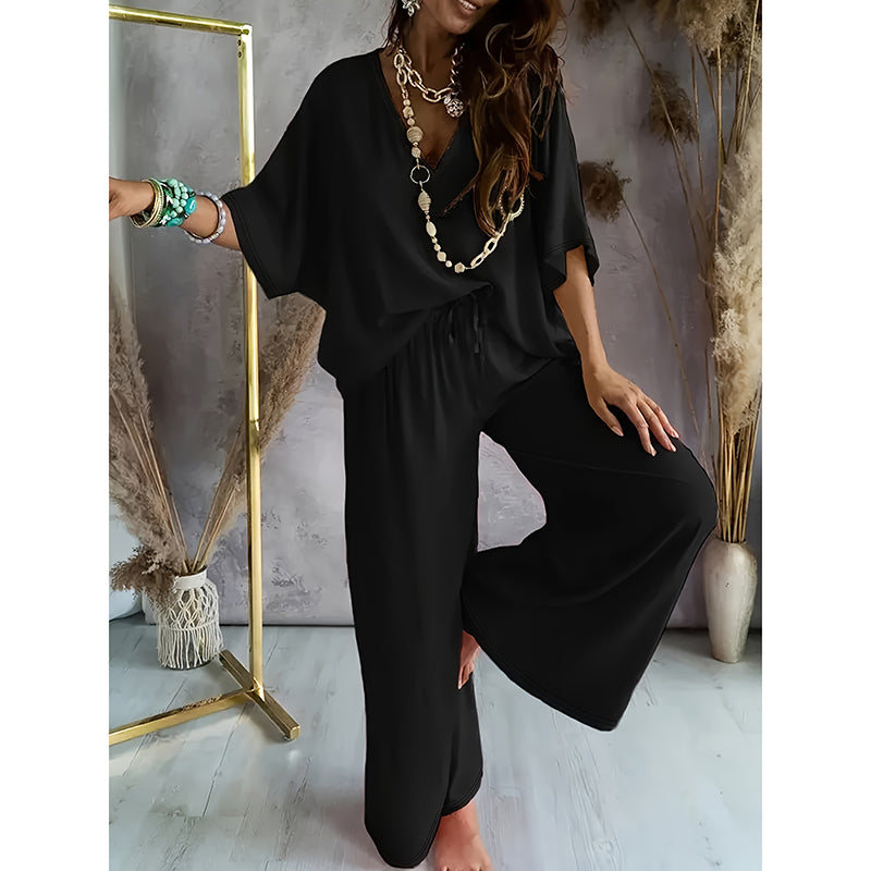 V-Neck Top & Wide-Leg Pants Lounge Set