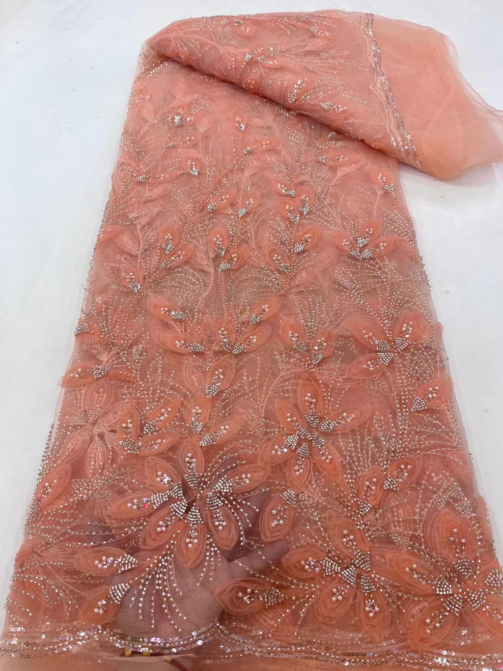 Floral Beaded Tulle Lace Fabric (5 Yards)