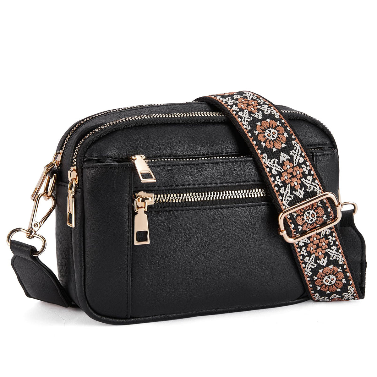 Triple-Zip Crossbody Bag with Embroidered Strap