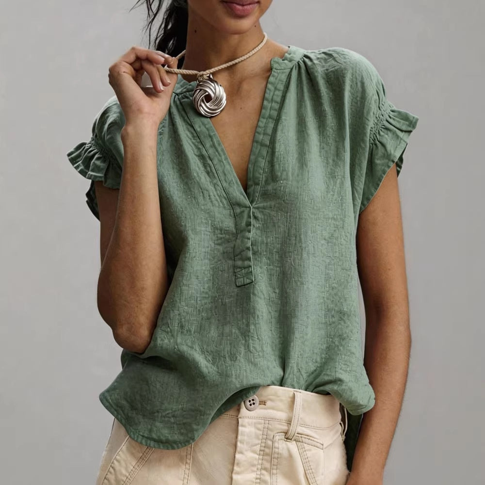 Women's Cotton-Linen Ruffle Blouse