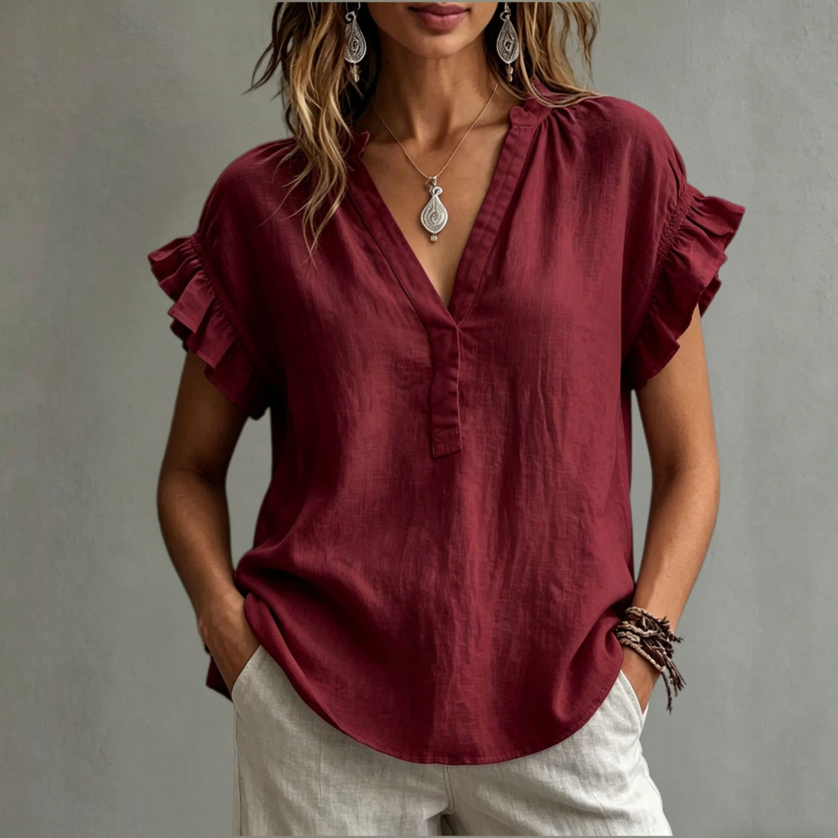Women's Cotton-Linen Ruffle Blouse